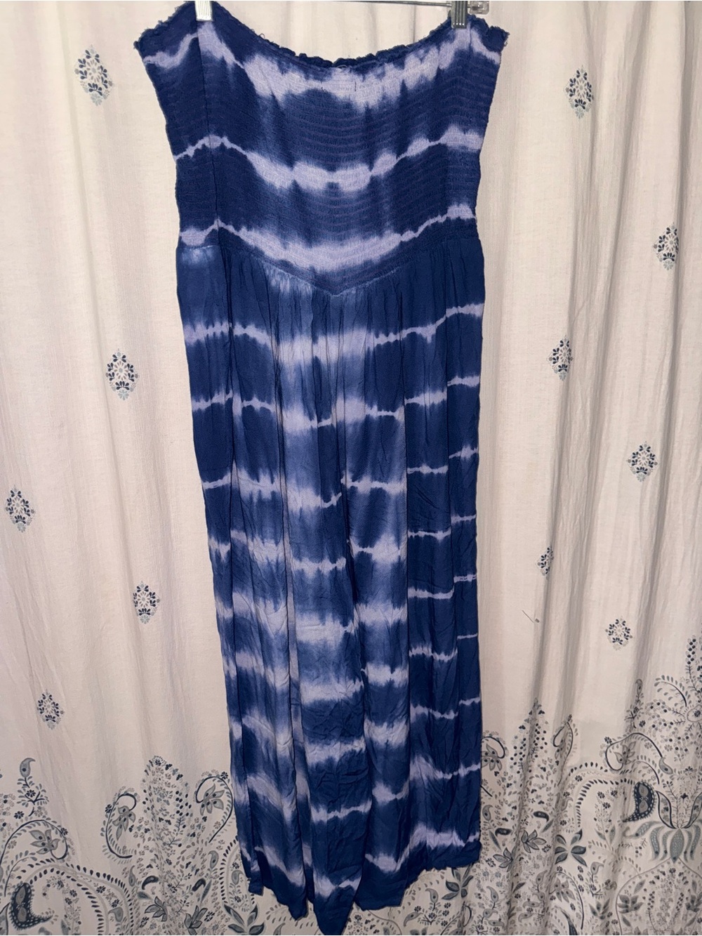 Fun Stretchy Blue Tie Dye Strapless Wide Leg Jumpsuit Palazzo, Rebellion, Large